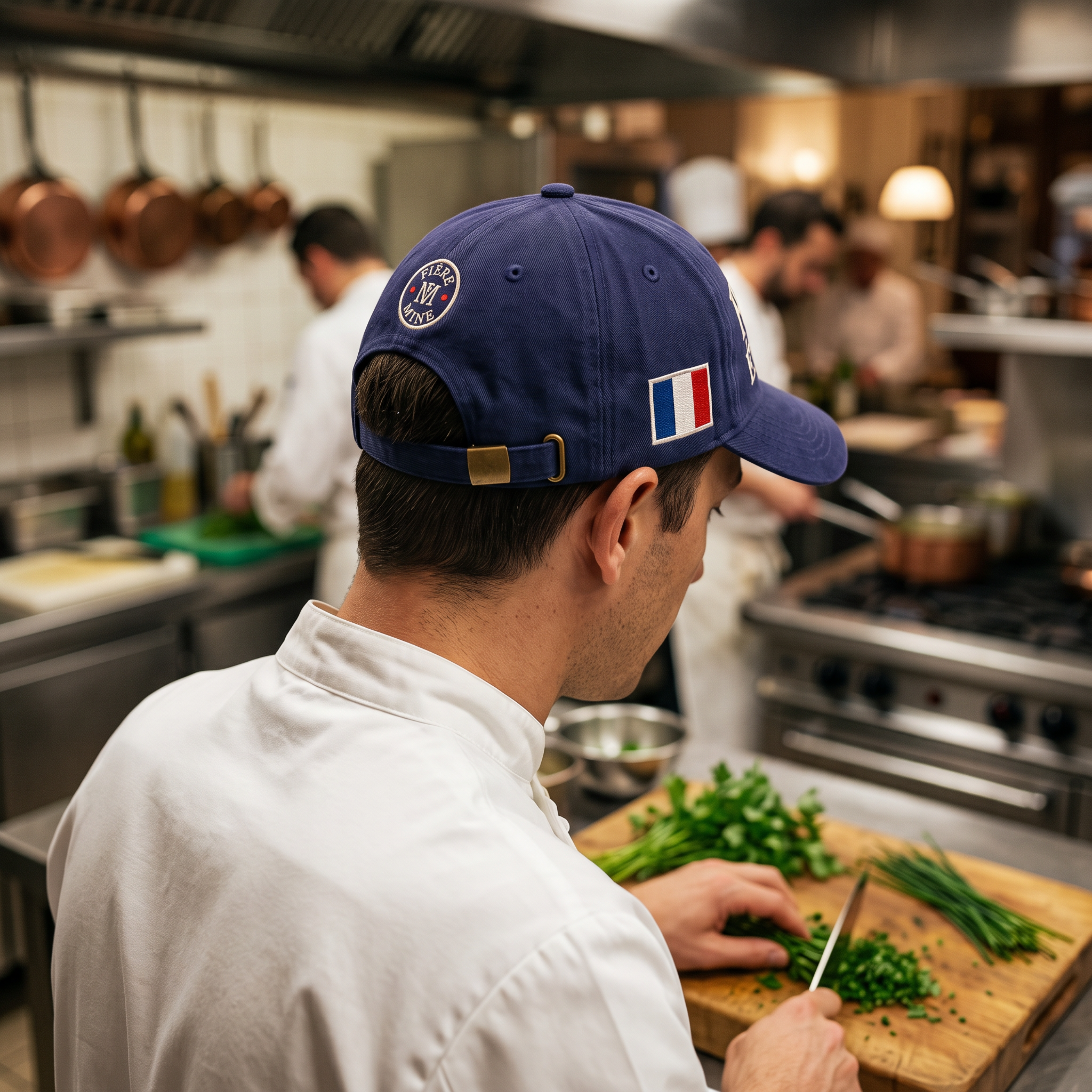 Casquette brodée France Éternelle portée par un chef