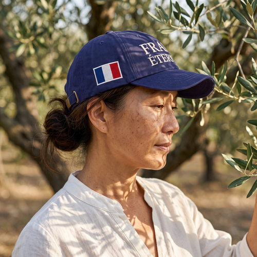 Casquette France Éternelle portée en extérieur — tenue olive